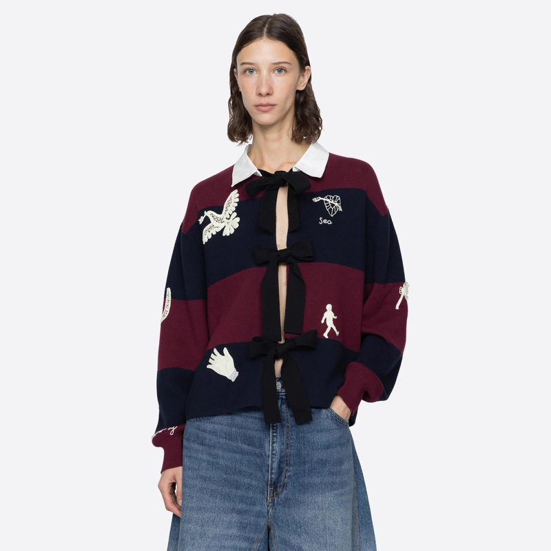 French Style 2025 Autumn and Winter New Retro Olive-Colored Lace Embroidered Front-Tie Color-Blocked Lapel Knitted Cardigan Slim Fit