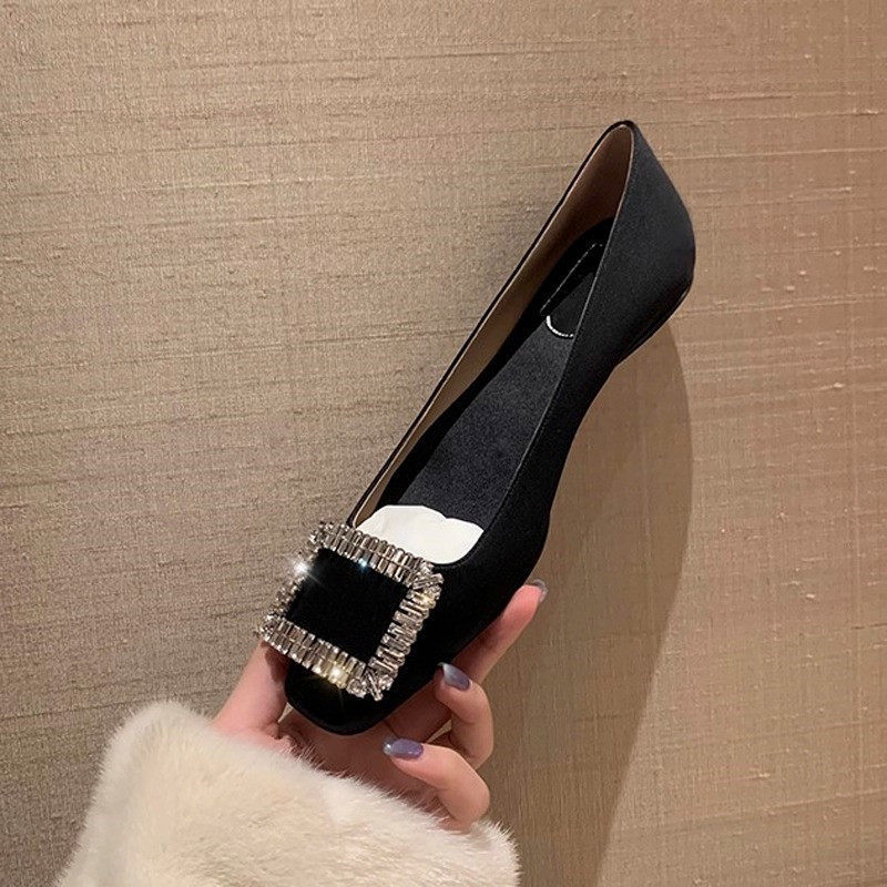 Hong Kong Rhinestone Square Buckle Flats 2025 New Women's Shoes Spring and Autumn Wedding Shoes Shallow Square Toe Comfortable Flat Satin Bride Shoes