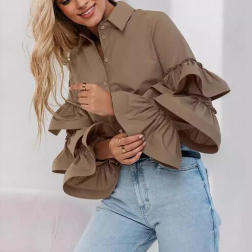 Long Top Length Wholesale Women's Elegant Solid Color Long Sleeve Ruffles Blouses