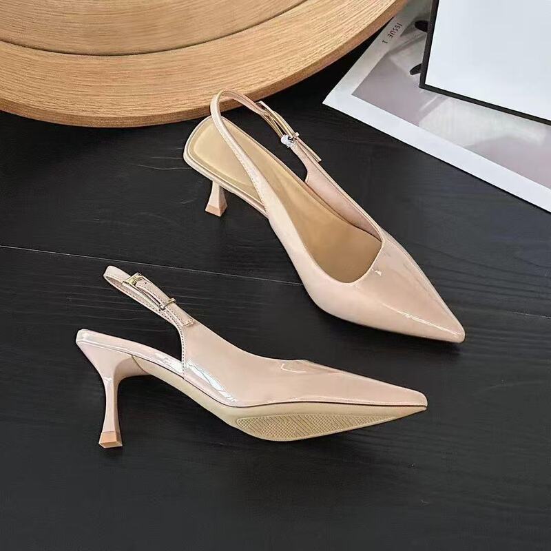 Dai Yao In-Stock Dropshipping~5Cm Nude High-Heeled Shoes, Patent Leather Pointed Toe, Single Strap, Open Back, Closed-Toe Sandals for Women