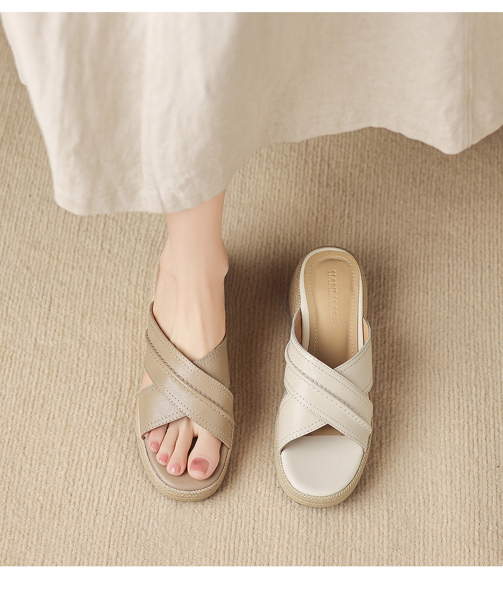Dép sandal nữ quai chéo hở ngón đế dày da cừu — màu trắng ngà chi tiết 2