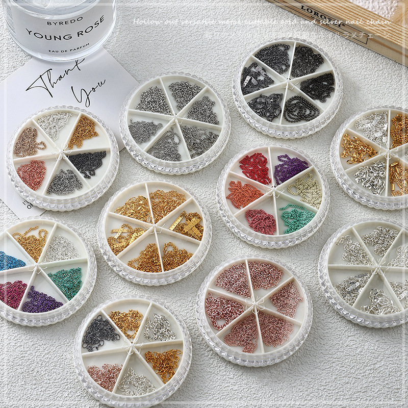 Nail jewelry fine chain metal three-dimensional nail punk style fine bead chain nail decorations 6 grid set box wholesale