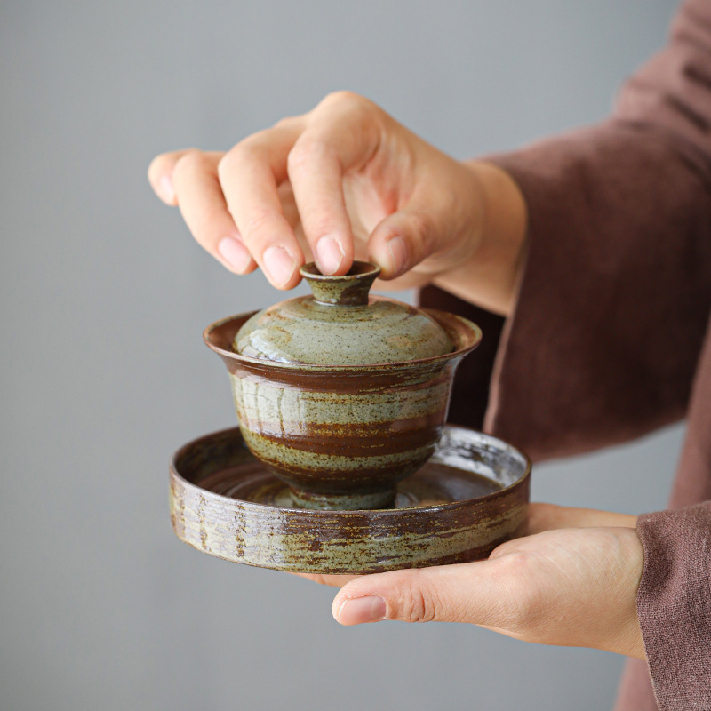 Estilo japonés de gres hecho a mano gaiwan creativo juego de té de Kung Fu juego de té tazón Zen cerámica mano cepillo esmalte taza de té
