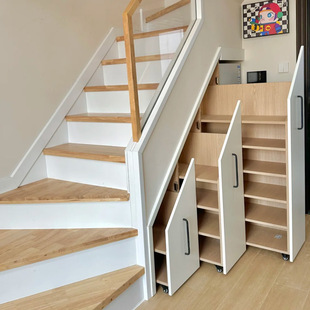 Under-Stair Angled Cabinet with Hidden Door, Angled Storage Size, Solid Wood Bookshelf, Pull-Out Slope Storage Cabinet