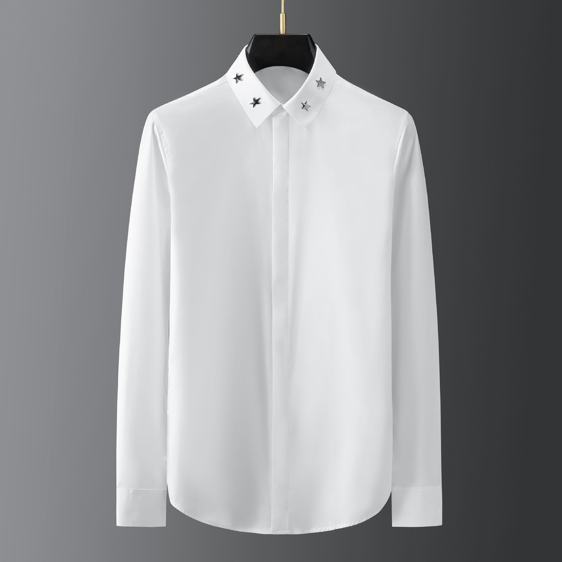 Áo sơ mi nam dài tay cotton phong cách cổ điển, họa tiết ngôi sao năm cánh đinh tán kim loại thủ công — Màu trắng, Màu đen