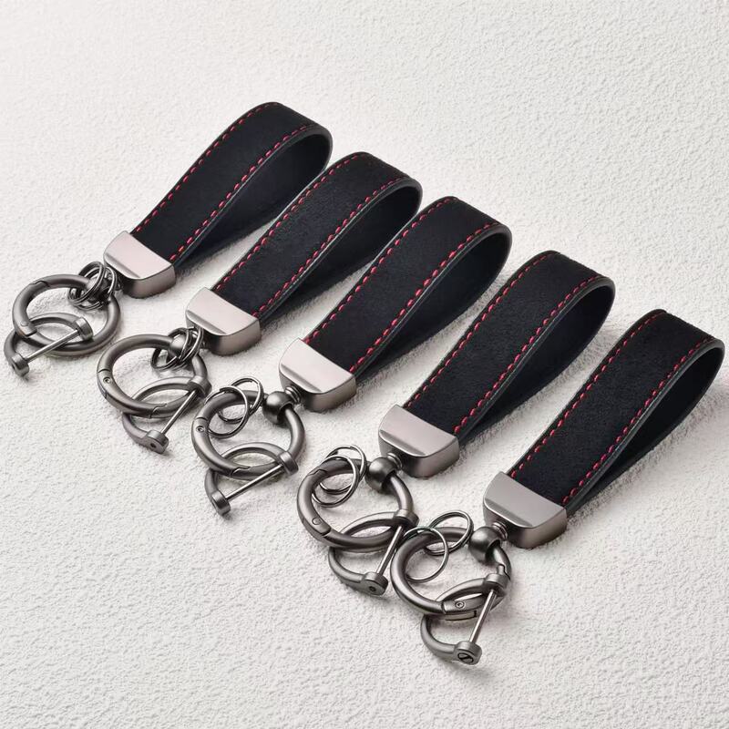 suede trendy brand car key chain pendant metal spring ring horseshoe buckle leather rope car logo key chain
