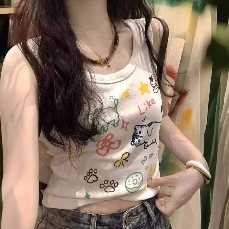 2025 American Retro Graffiti Cat Print Camisole Women's Summer Slim Fit Short T-Shirt for Small People