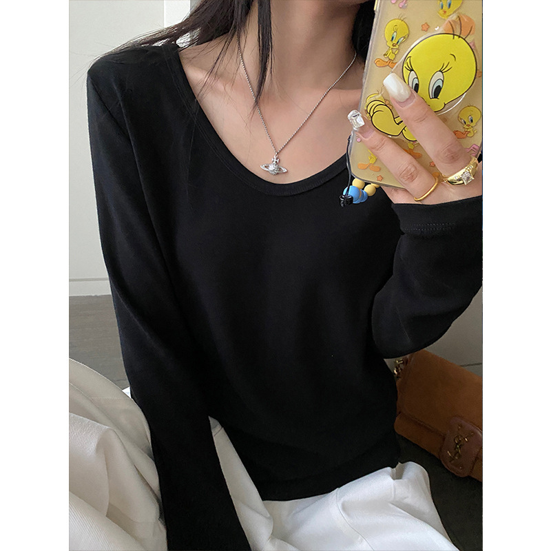 韩版简约风内搭外穿打底衫v领薄款长袖t恤女春秋新款显瘦宽松上衣|undefined