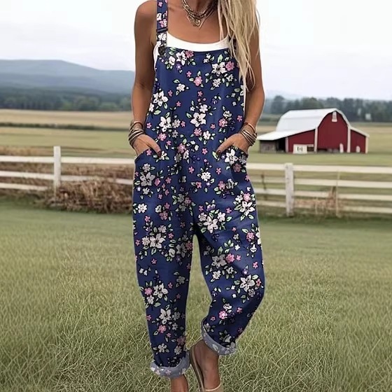 Retro pastoral style floral 3D digital print overalls, loose wide-leg casual overalls jumpsuit, European and American style.