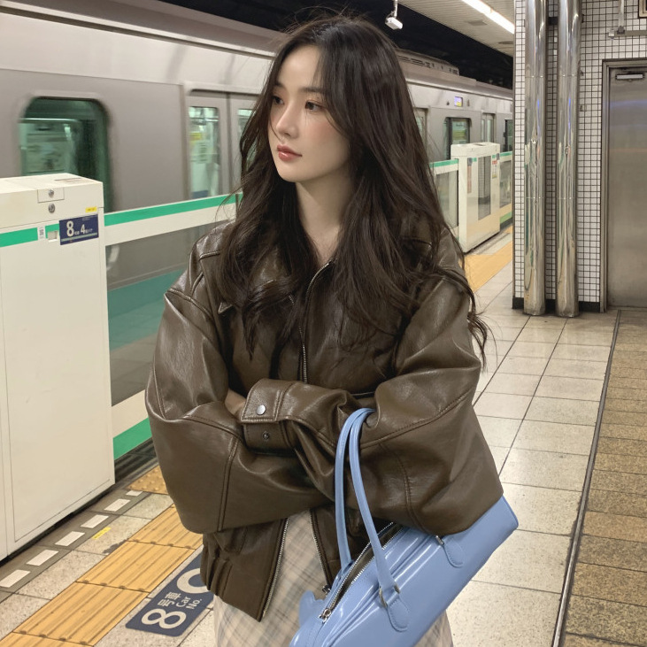 Korean Chic Spring New Retro Stylish Lapel Loose Casual Versatile Zip-Up Leather Jacket for Women