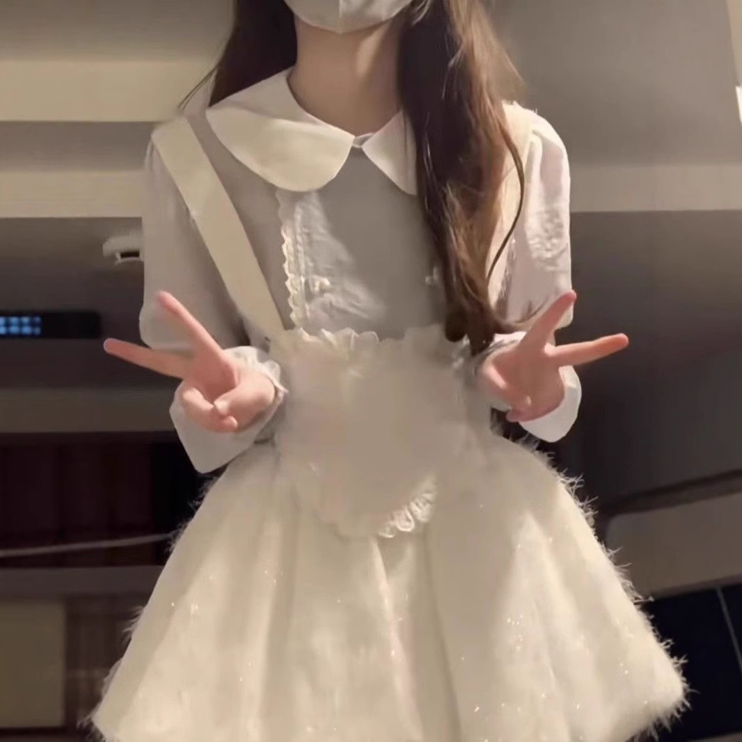 슈퍼 요정 귀여운 소녀 달콤한 나이 감소 인형 칼라 대조 색상 스티칭 탑 러브 스트랩 다운 원피스 세트 여성