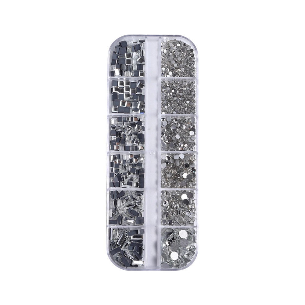 Manicura 12 Grid decoraciones mixtas rectangular diamante plano de forma especial Super brillante lujo transparente pequeño diamante redondo Perla Beige