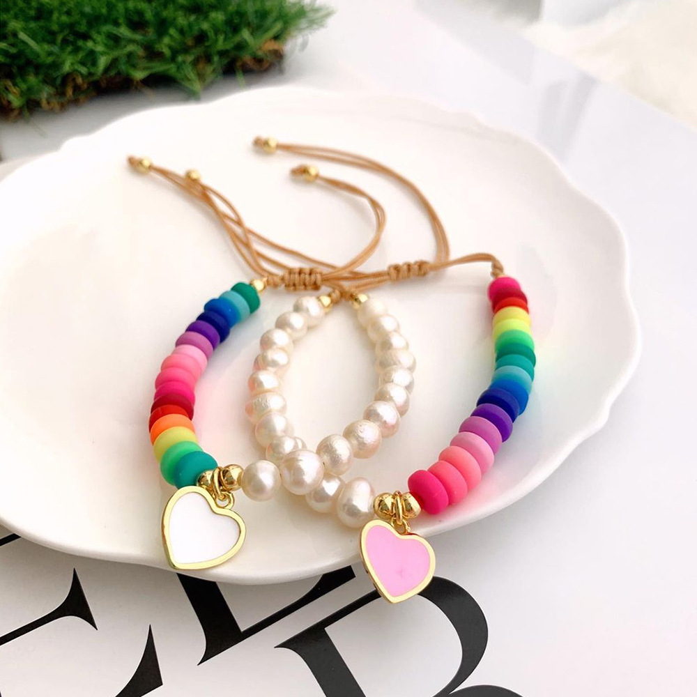 IG Style Modern Style Round Heart Shape Freshwater Pearl Soft Clay Copper Enamel Women's Bracelets 1 Piece display picture 2
