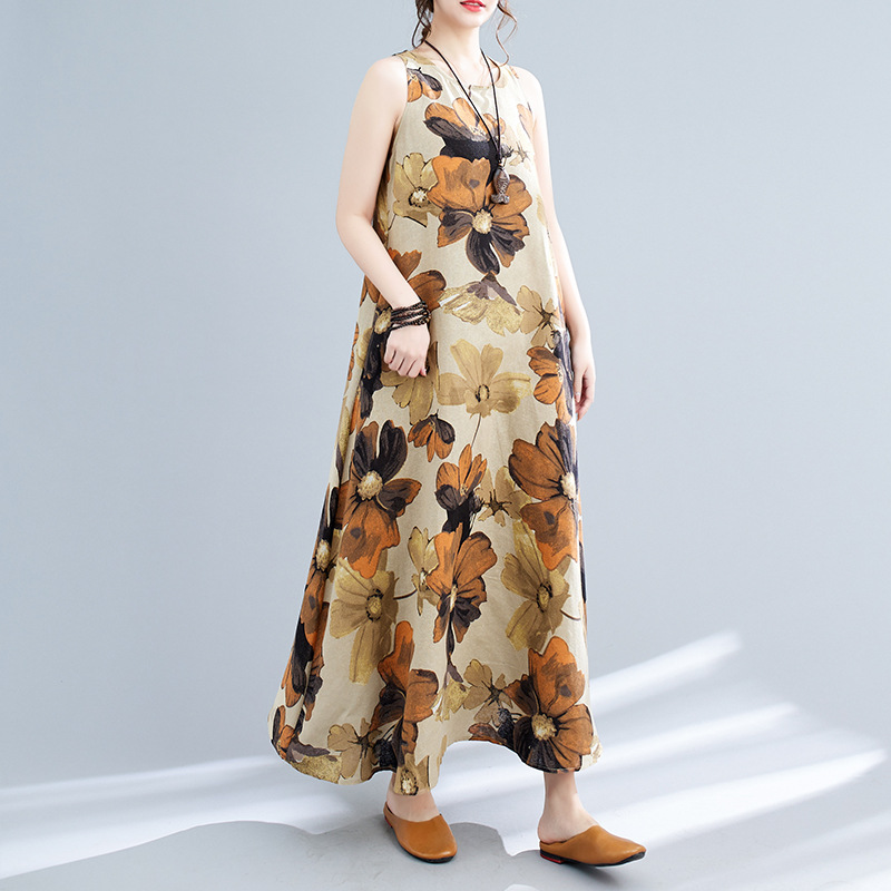 Vestido midi estampado sem mangas com gola redonda, estilo boêmio, plus size, para o verão de 2024._voghion.com
