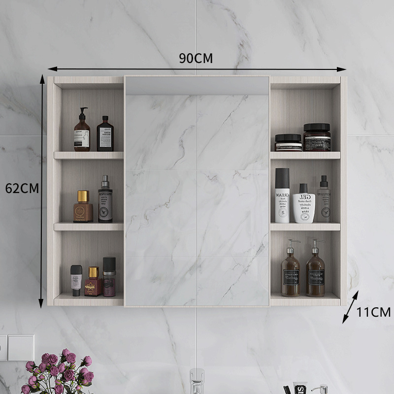 Armario de espejo de baño de lujo ligero simple con estante de almacenamiento espejo de baño caja de espejo de baño almacenamiento montado en la pared de fibra de carbono