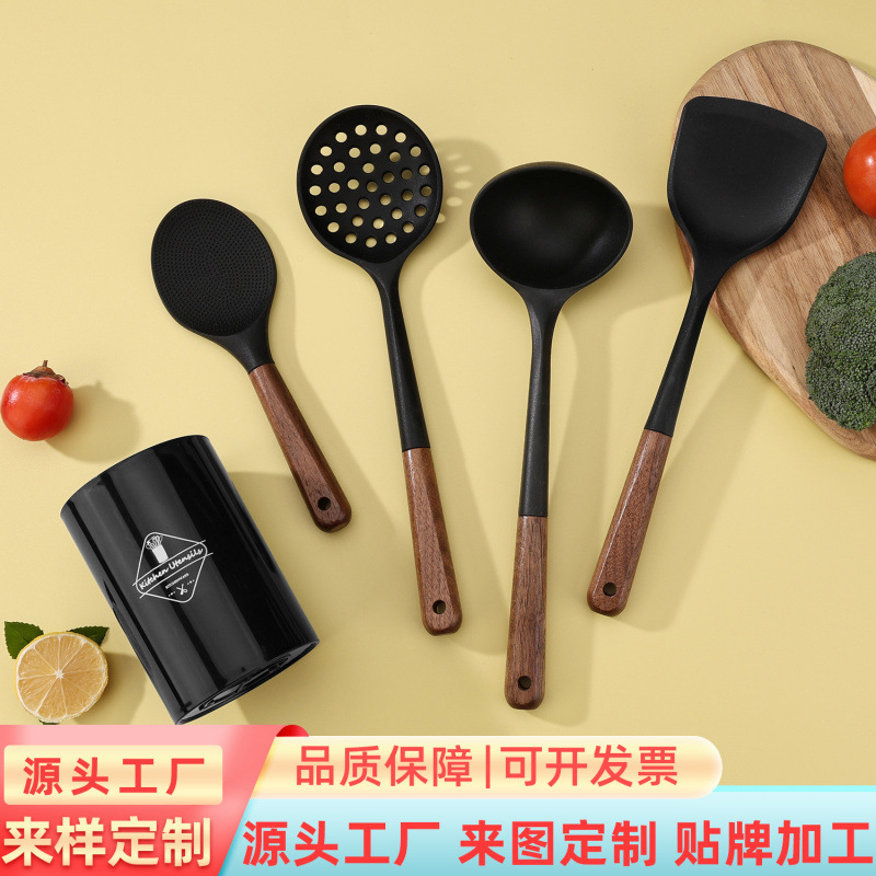 Juego de utensilios de cocina de silicona de nogal