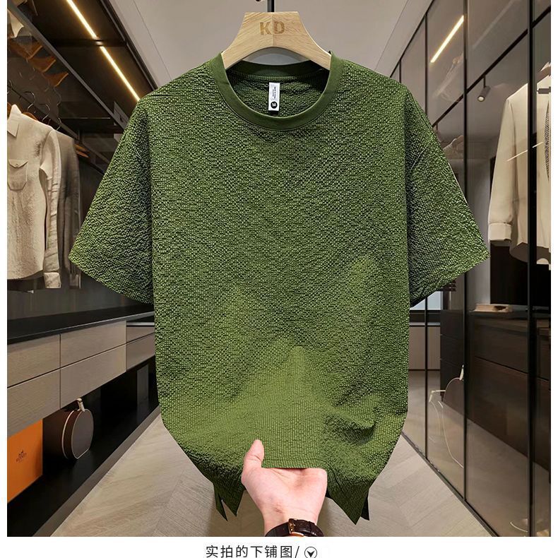 Summer Seersucker High-End Texture Round Neck Short-Sleeved T-Shirt Men's Thin Slim Top Fashionable Half-Sleeved T-Shirt