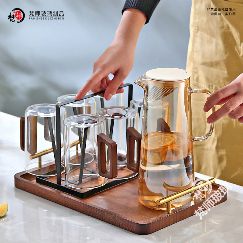 500ml大容量水具套装家用待客喝水杯子透明带木把手高硼硅耐热玻|undefined