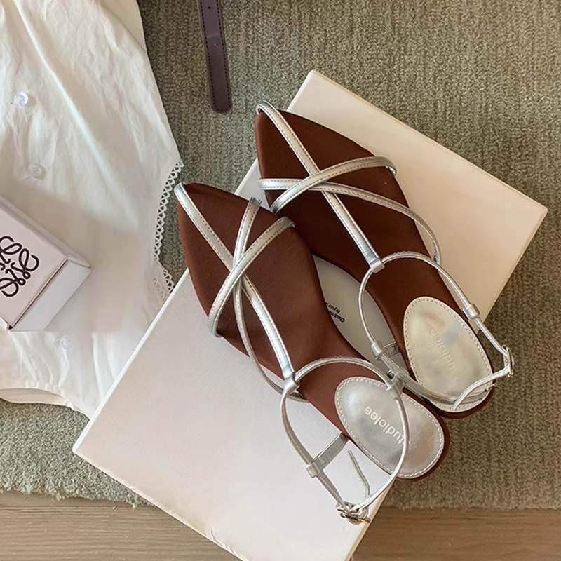 Grape Mom Summer New Island Diary ~ Sandalias romanas con punta abierta y puntiaguda con correa cruzada francesa