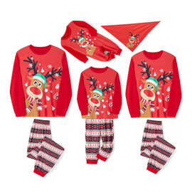 2022秋新欧美亚马逊圣诞爆款 亲子套装卡通图案印花圆领拼色家庭