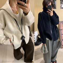 松弛感双拉链翻领加厚慵懒风毛衣外套女秋冬新款宽松大码针织开衫