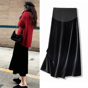 2023 autumn and winter New black gold velvet maternity skirt belly support A- line skirt sheath mid-length large swing skirt