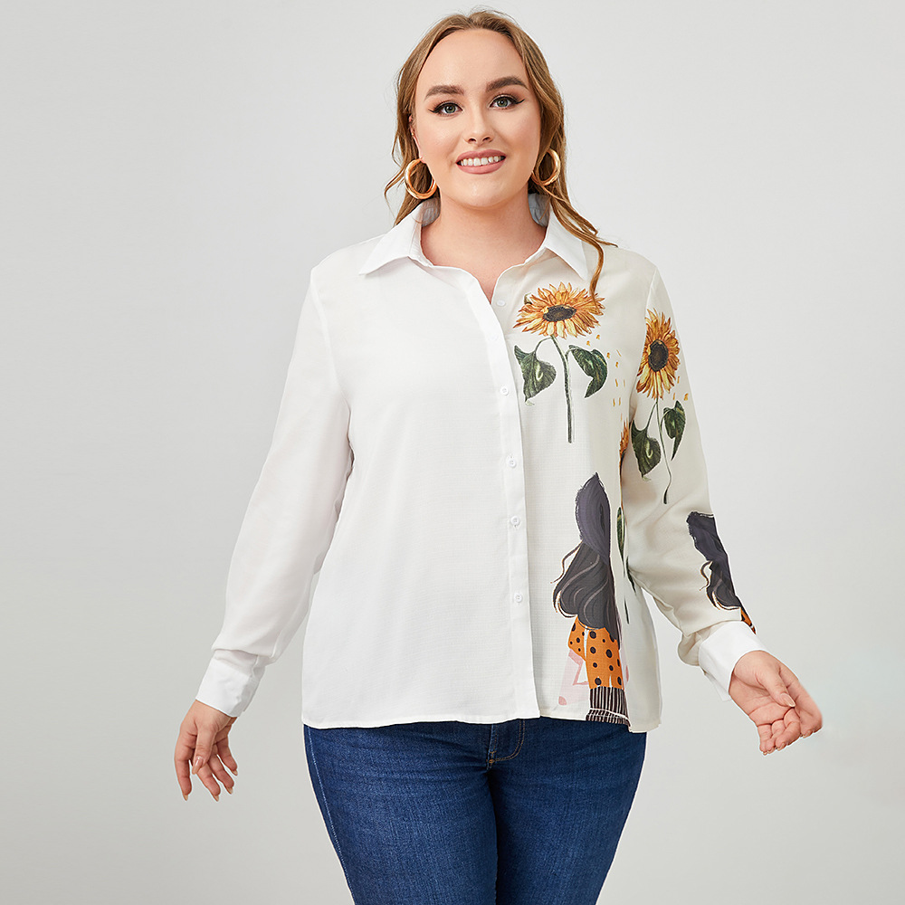 Plus Size High-Neck Single-Breasted Pattern Printed Shirt NSWCJ112246