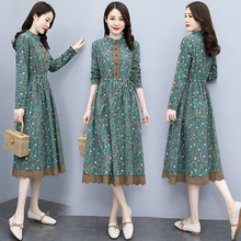 2025秋新款长袖休闲中长款小碎花棉麻连衣裙时尚收腰打底裙子现货