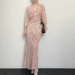 Corフランス気質100% シルクプリントvネックウエストワンピース女性レトロ染めロングスカートリゾート風夏