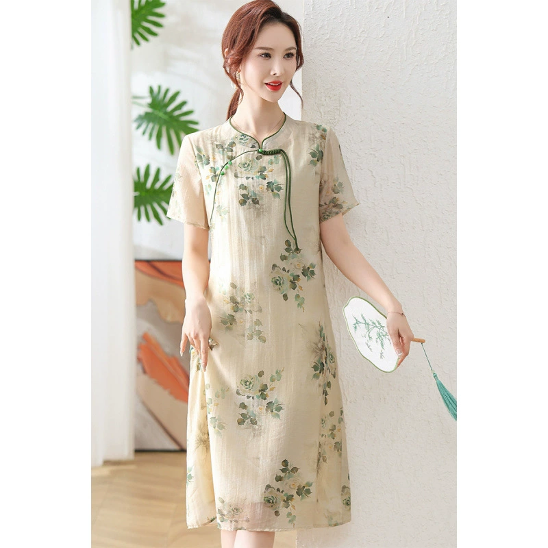 Новое летнее платье Cheongsam для мамы в китайском стиле, ретро женское платье среднего и пожилого возраста, юбка средней длины с дисками в китайском стиле