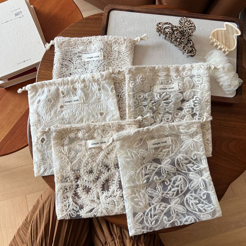 【Su Xi Fabric Bag】Artistic Retro Apricot Lace Embroidered Cotton Gauze Single-Layer Drawstring Small Cloth Storage Bag