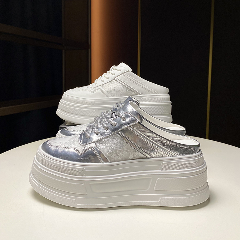 European Goods 2024 Autumn New Item Thick Bottom Leather Toe Cover Half Women's Lace Hollow Breathable Lazy Cool_voghion.com