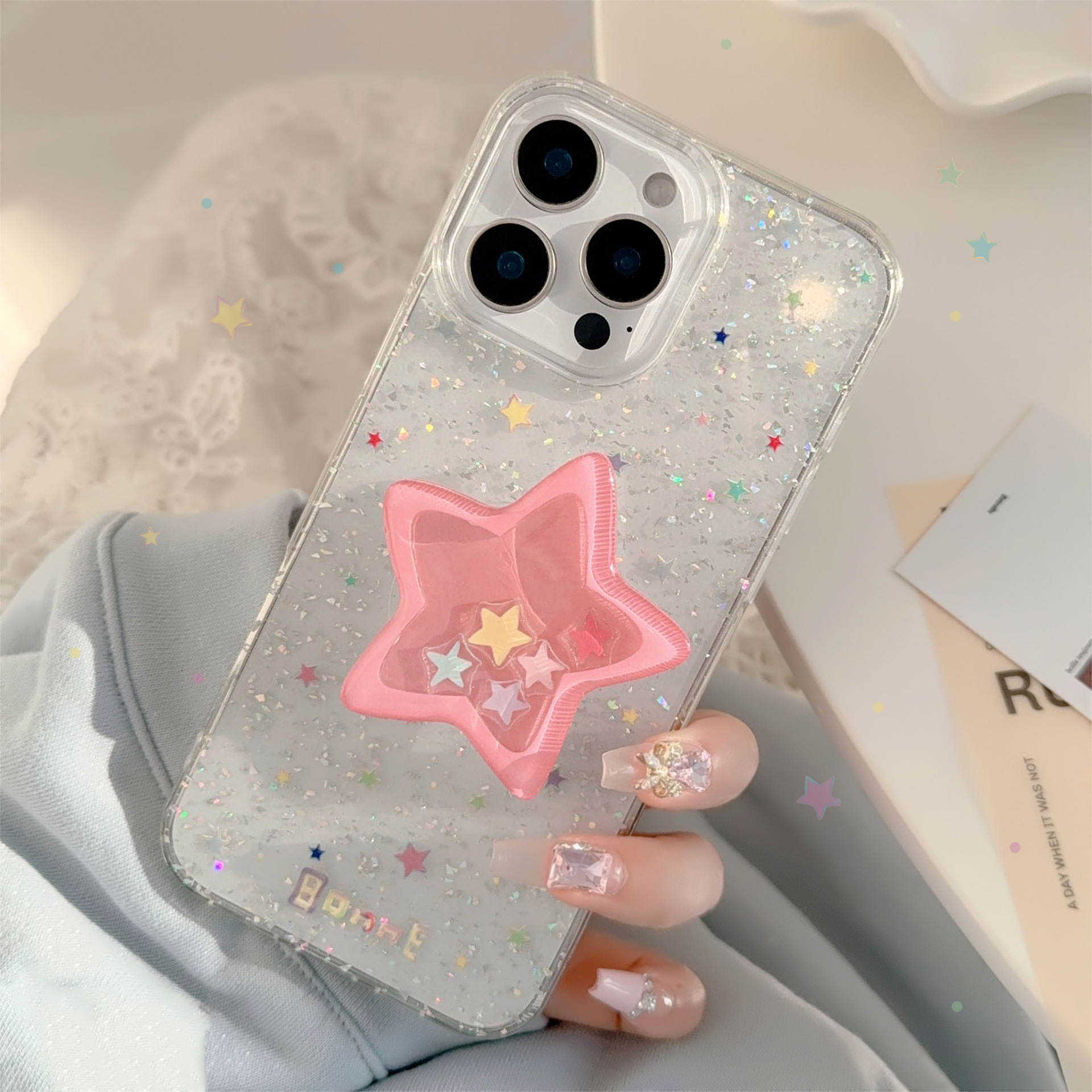 50g Weight iPhone Applicable Brands Phone Cases Classification PC, tpu Material Star Pattern Cute Style Painted Craft PC Tpu Star Painted Cute Phone Cases Phone Accessories 无
