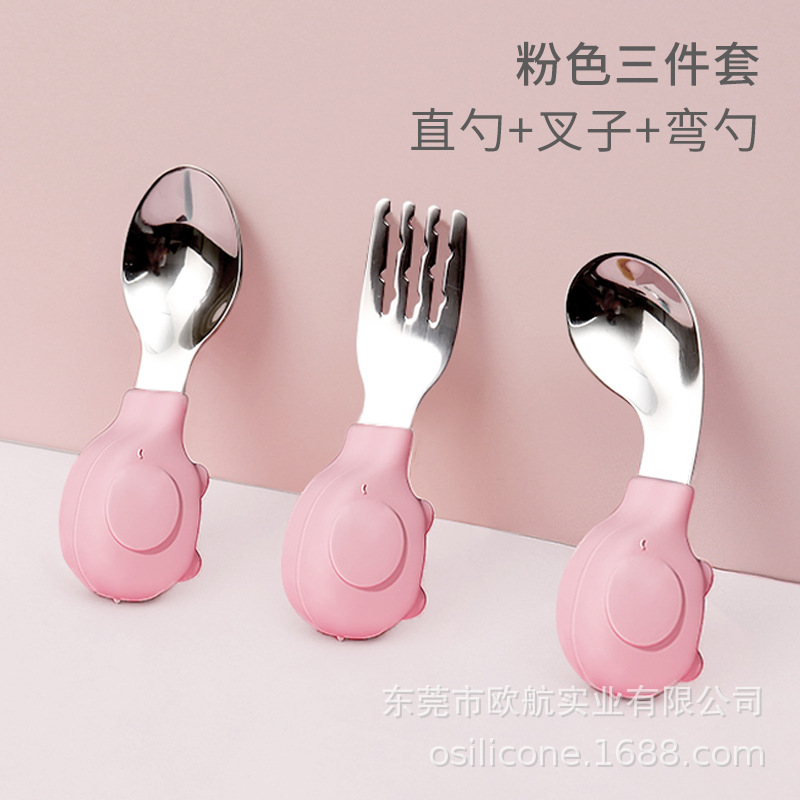 In stock wholesale baby silicone short handle training fork spoon learn to eat stainless steel food supplement spoon children portable tableware