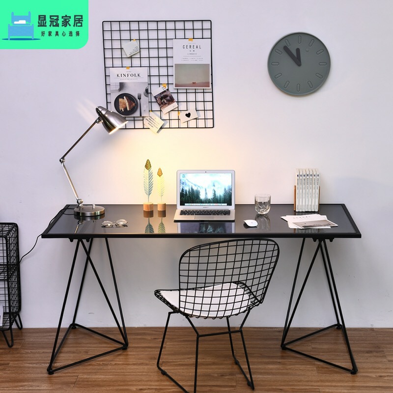 北欧铁艺电脑桌书桌家用办公桌简易写字桌台现代简约钢化玻璃桌子