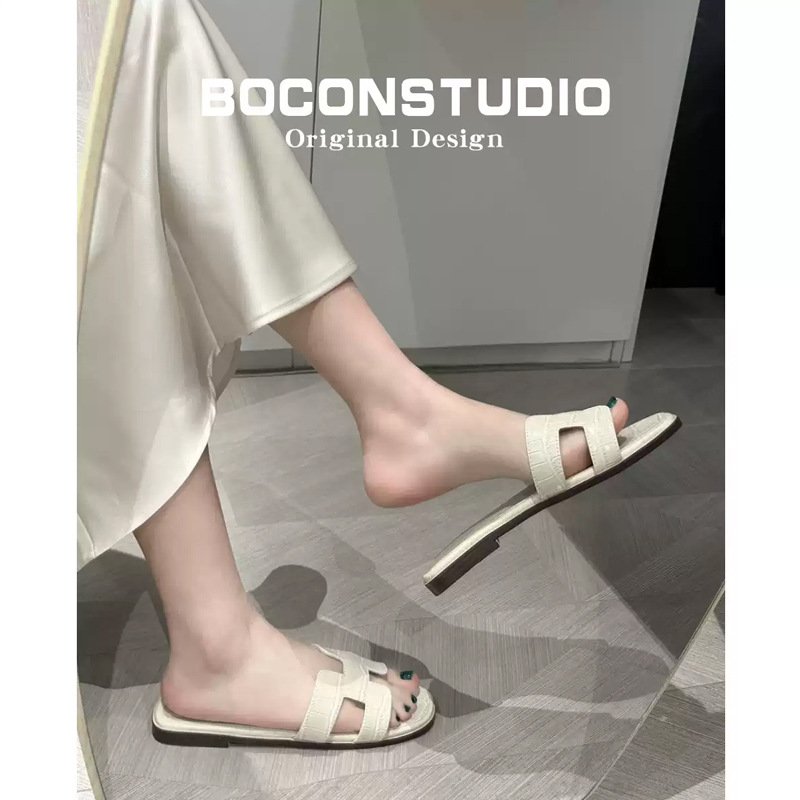 【现货出售】羊皮版ins平底一字拖鞋女外穿凉拖鞋时尚显白沙滩鞋