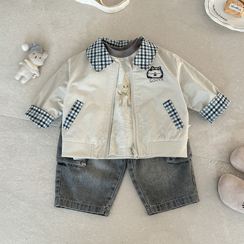 Baby Boy Lapel Jacket Spring New Style Boys' Color-Blocked Reversible Plaid Jacket Infant Zipper Shirt Category a