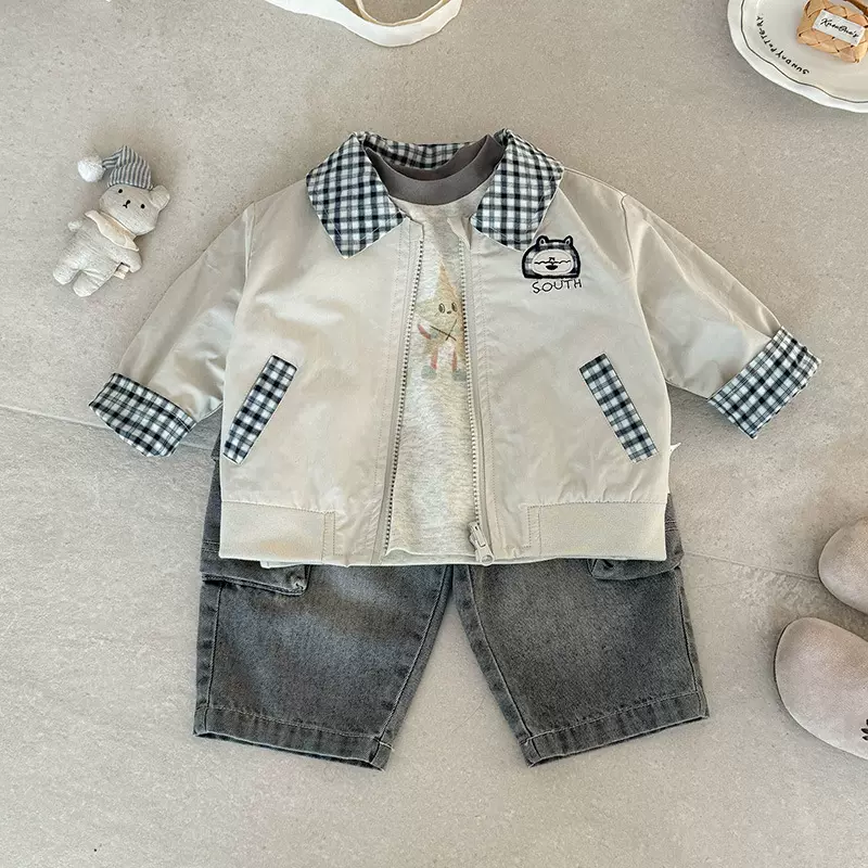 男宝宝翻领外套春季新款男童拼色两面穿格子夹克婴幼儿拉链衫 a类