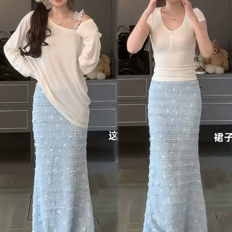 Синяя нежная юбка с цветочным принтом, лето 2025, длинная юбка, новая сексуальная утягивающая юбка с высокой талией, чистая кружевная юбка с рыбьим хвостом