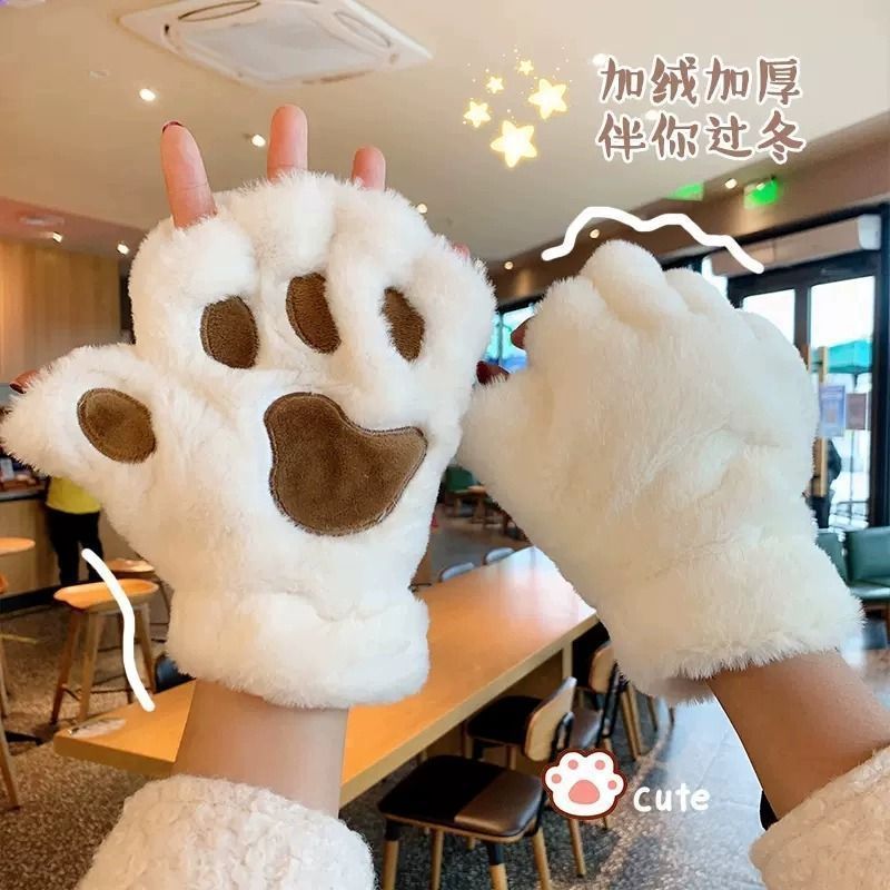 可爱卡通猫爪手套冬季保暖熊爪毛绒手套学生写字防寒半指手套批发|undefined