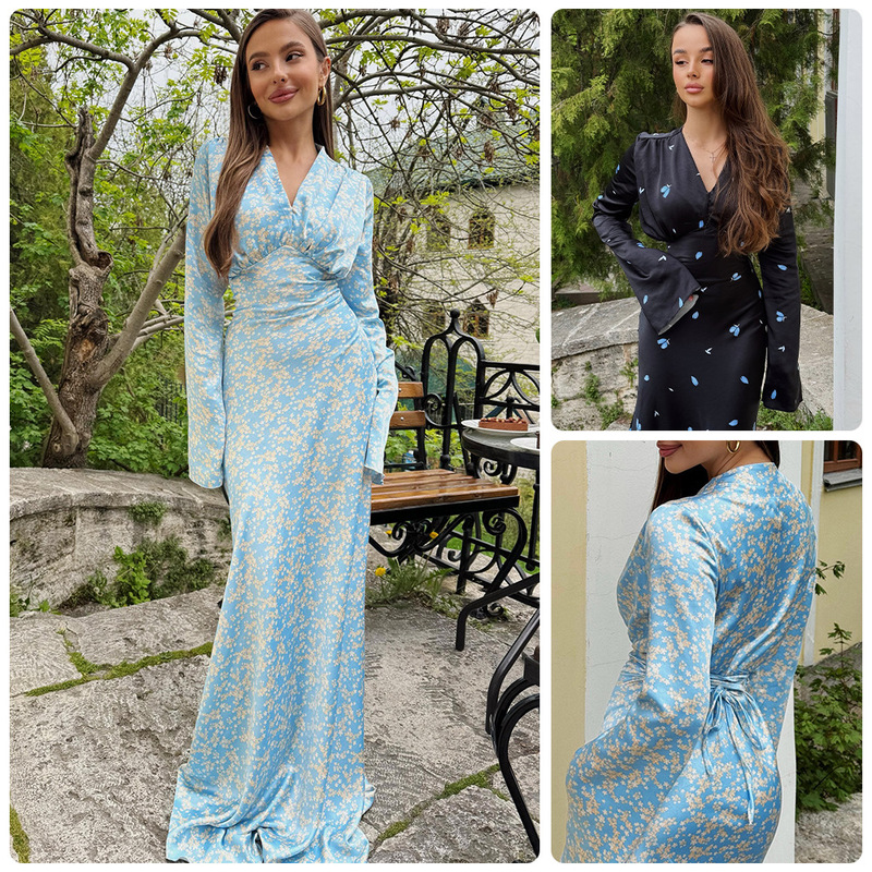 Elegant Holiday-Style Floral V-Neck Flared-Sleeve Slim-Fit Floor-Length Dress with High Waist and Slimming Effect, French Retro Fairy Dress Elegant Holiday-Style Floral V-Neck Flared-Sleeve Slim-Fit Floor-Length Dress with High Waist and Slimming Effect, French Retro Fairy Dress