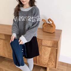 韩系秋冬新款费尔岛提花圆领撞色厚实套头毛衣女休闲套头上衣