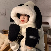 高级感帽子女冬季可爱帕恰小狗毛绒加厚围巾手套一体连帽保暖围脖