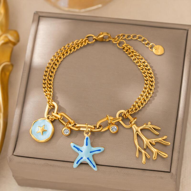 European and American Cross-Border Ins Ocean-Style Stainless Steel 18K Gold-Plated Starfish Coral Bracelet Waterproof and Fade-Resistant Jewelry Wholesale European and American Cross-Border Ins Ocean-Style Stainless Steel 18K Gold-Plated Starfish Coral Bracelet Waterproof and Fade-Resistant Jewelry Wholesale
