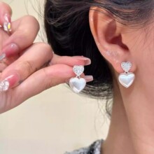 满钻拉丝双爱心耳钉女轻奢小众设计高级感精致气质小清新甜美耳环
