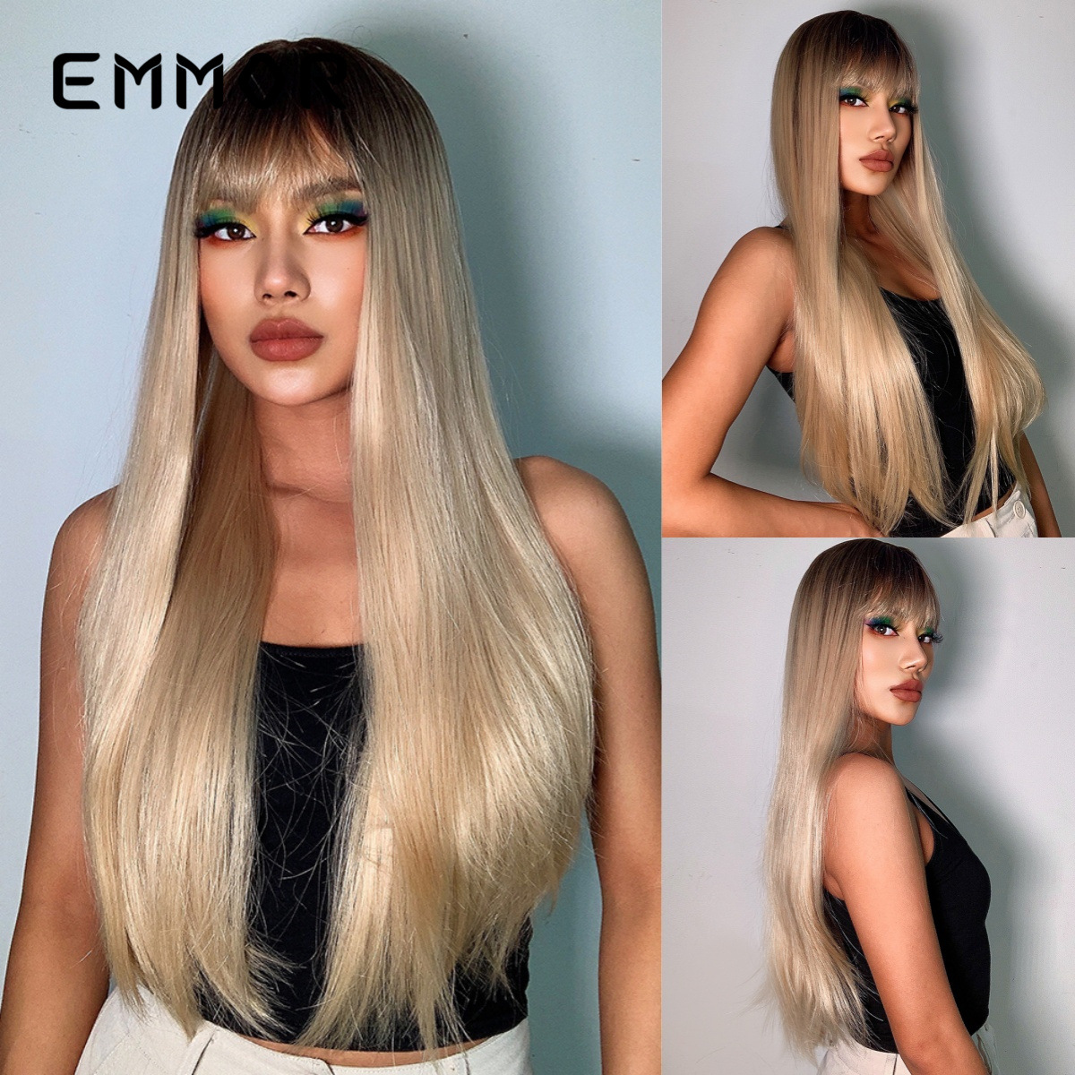 Nuevo Amazon transfronterizo bangs negro largo pelo recto fibra química pelo mate seda de alta temperatura europea y americana peluca femenina cubierta de la cabeza completa