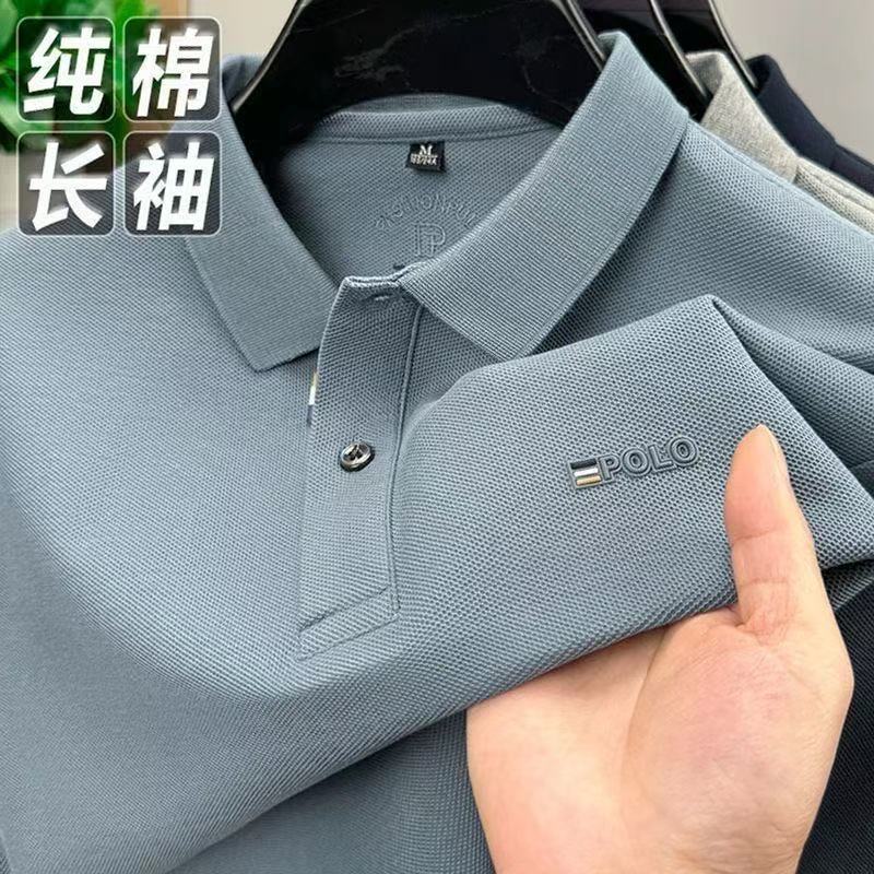 厂家秋季新款100纯棉长袖polo衫男中年商务休闲宽松印花翻领T恤男|undefined