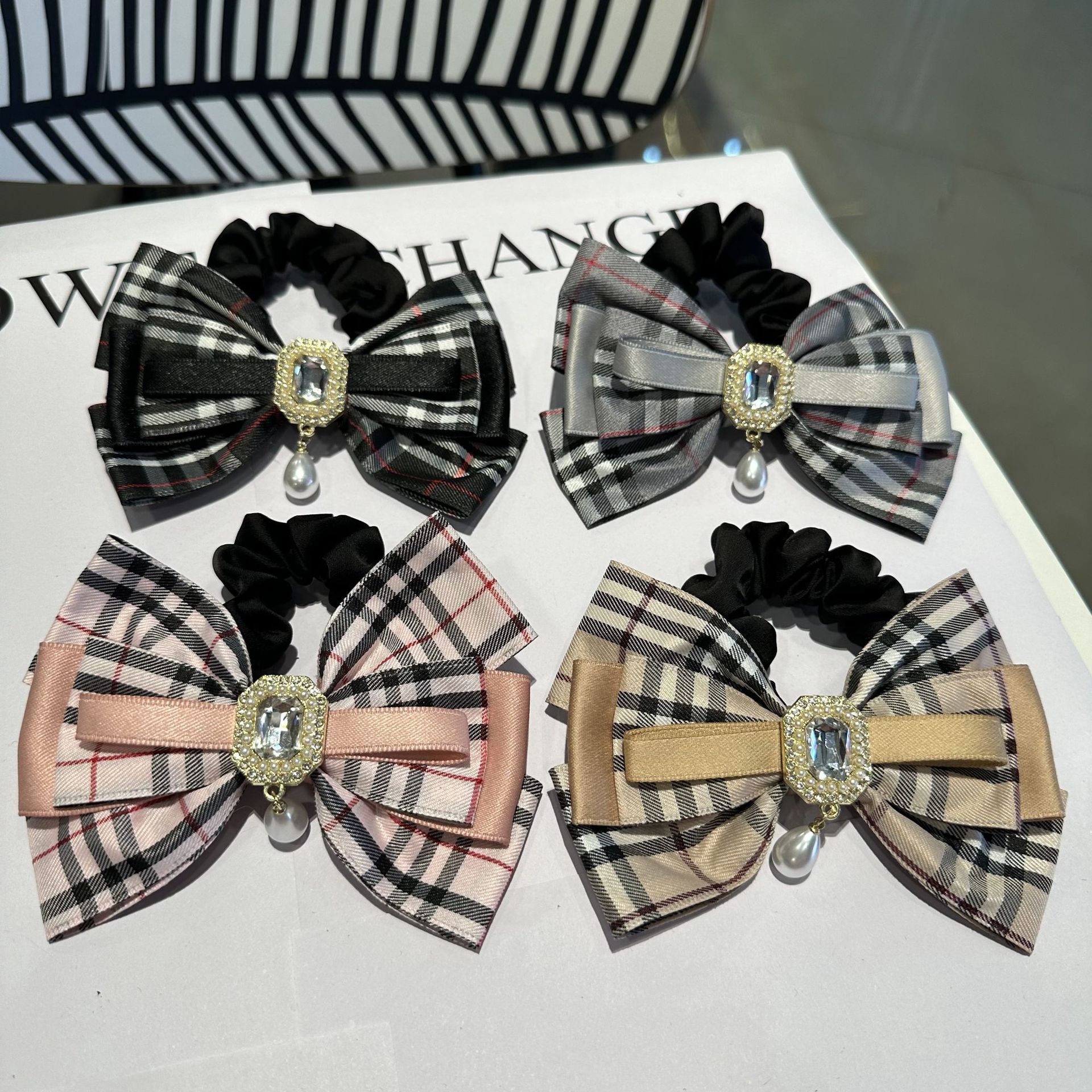 韓版復古英倫格子大蝴蝶結髮繩高馬尾髮飾水鑽珍珠掛墜高彈力頭繩