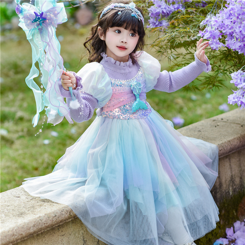Princess Dress Girls 2024 Autumn and Winter Children's Knitted Colorful Mermaid Dress Birthday Dress Sweater Gauze Dress Girls Princess Dress Girls 2024 Autumn and Winter Children's Knitted Colorful Mermaid Dress Birthday Dress Sweater Gauze Dress Girls