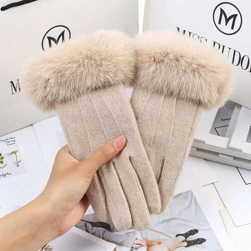 Wool and velvet mouth touch screen gloves for women in autumn and winter, warm and velvet, fashionable riding and windproof wholesale dropshipping